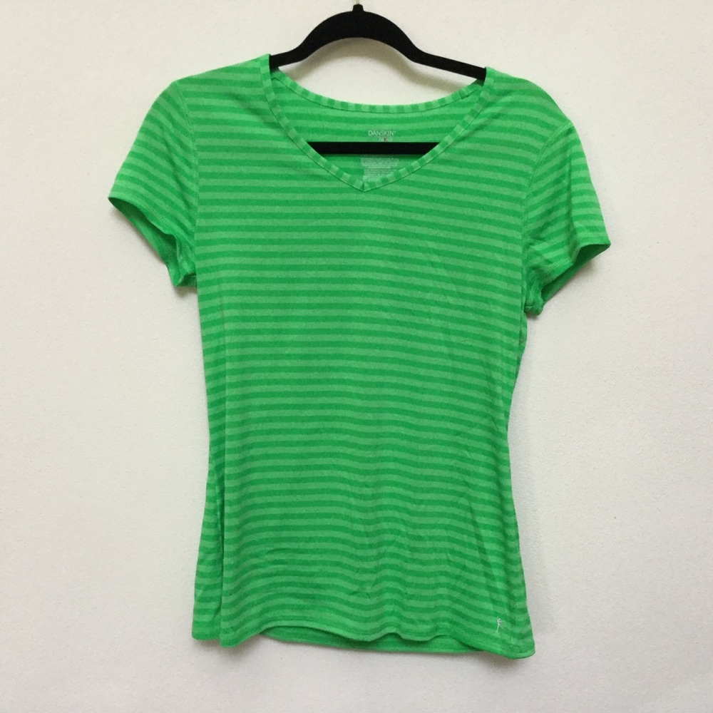 Danskin Now Green Striped Semi Fitted Workout Tee Shirt Size Medium Athletic Gym